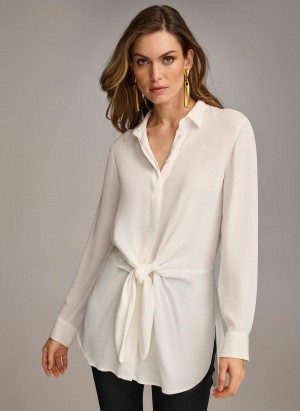 Donna Karan Long Sleeve High-low With Tie At Waist Sweaters and Tops Cream | AU_DK96717