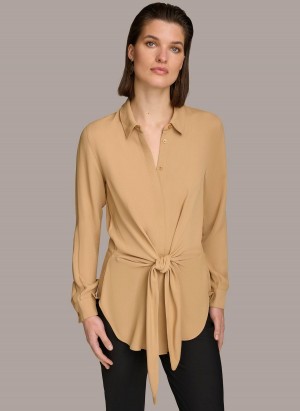 Donna Karan Long Sleeve High-low With Tie At Waist Sweaters and Tops Gold | AU_DK74274