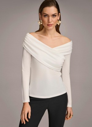 Donna Karan Off Shoulder Wrap Sweaters and Tops Cream | AU_DK71218