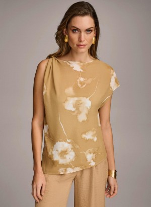 Donna Karan Printed Gathered Hardware Shoulder Sweaters and Tops Gold Cream | AU_DK33684