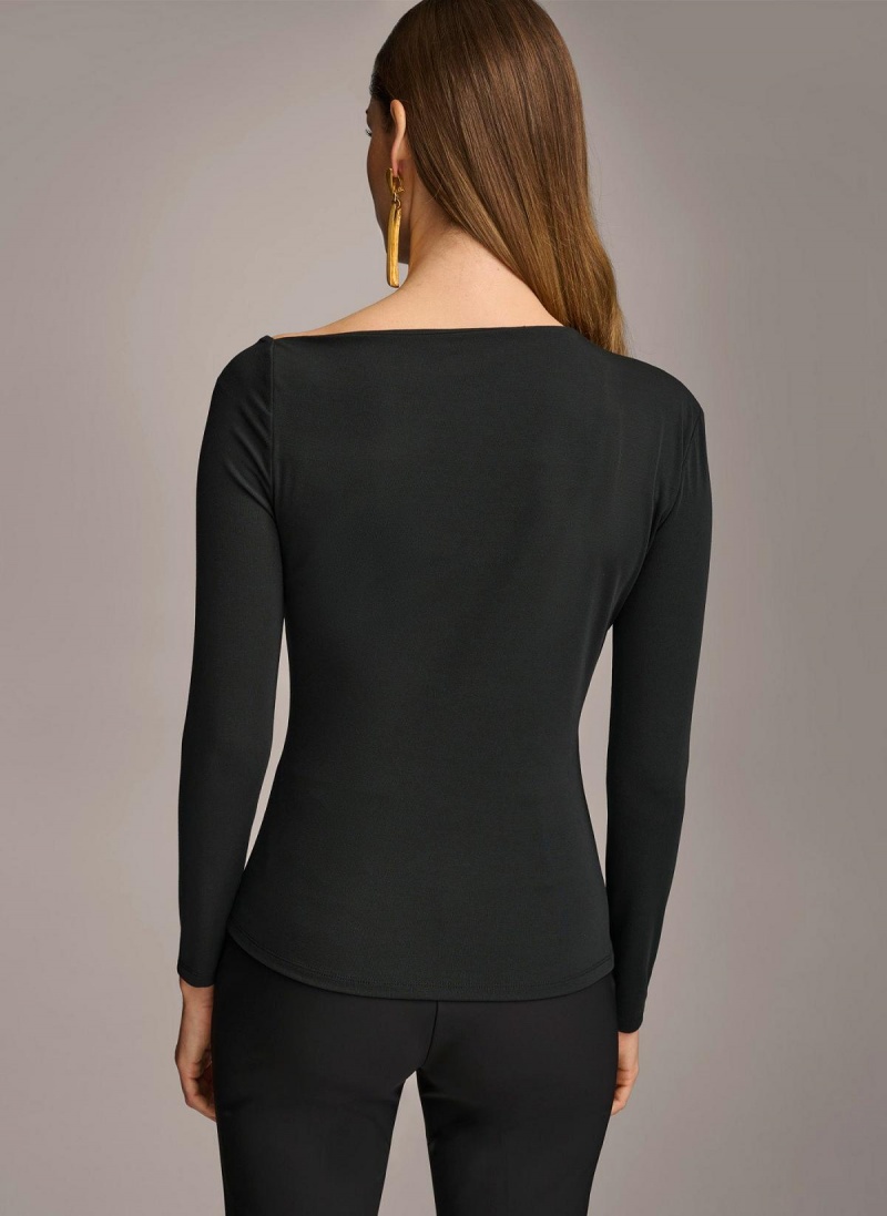 Donna Karan Asymmetrical Neckline Fitted Sweaters and Tops Black | AU_DK92350