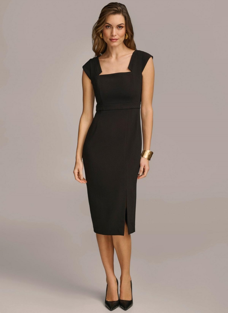 Donna Karan Cap Sleeve Square Neck Sheath With Slit Dress Black | AU_DK15777