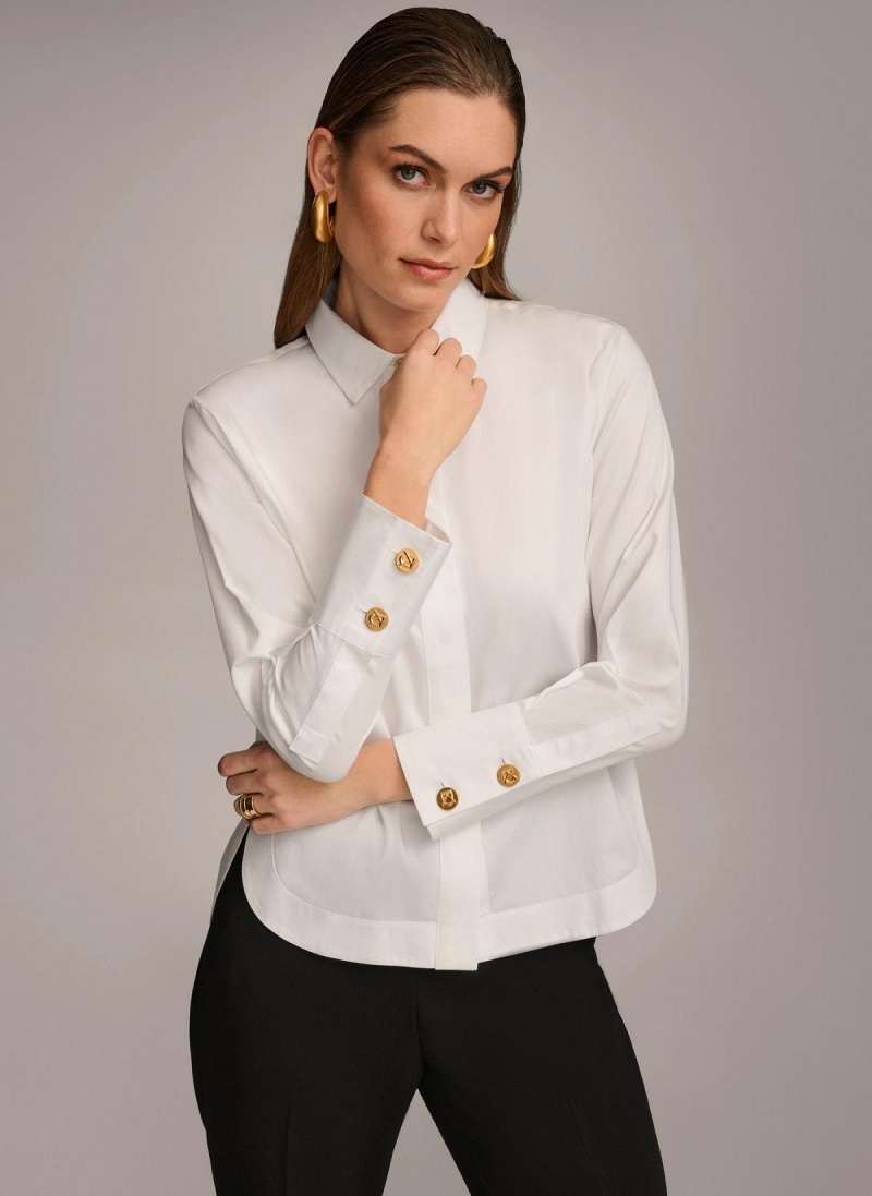 Donna Karan Cotton Collared Button Down Sweaters and Tops White | AU_DK63446