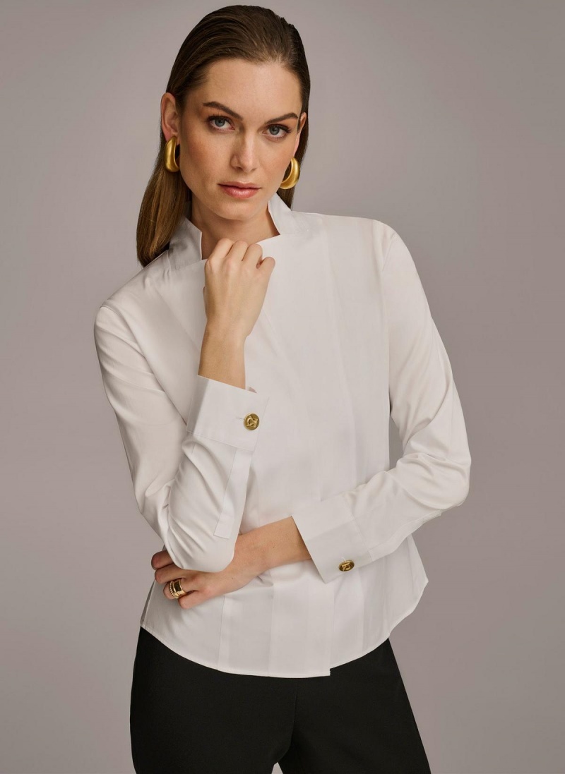 Donna Karan Cotton Notch Collar Button Down Sweaters and Tops White | AU_DK44703