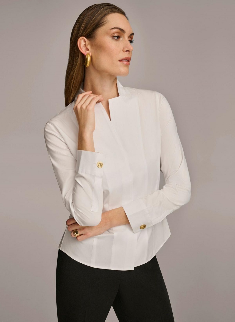 Donna Karan Cotton Notch Collar Button Down Sweaters and Tops White | AU_DK44703