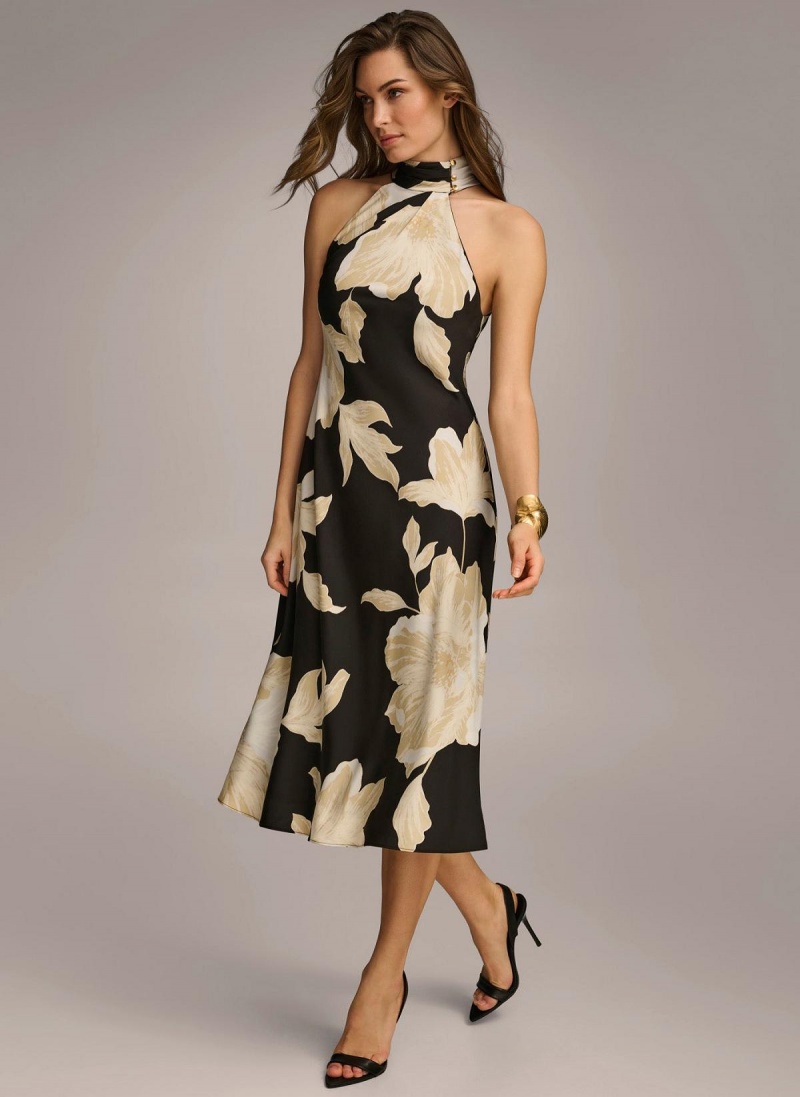 Donna Karan Halter Floral Print Midi Dress Black / Cream | AU_DK72411