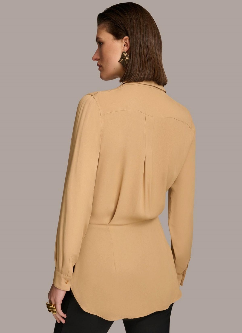 Donna Karan Long Sleeve High-low With Tie At Waist Sweaters and Tops Gold | AU_DK74274