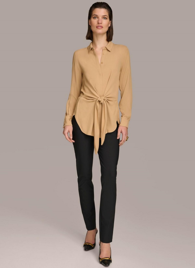 Donna Karan Long Sleeve High-low With Tie At Waist Sweaters and Tops Gold | AU_DK74274