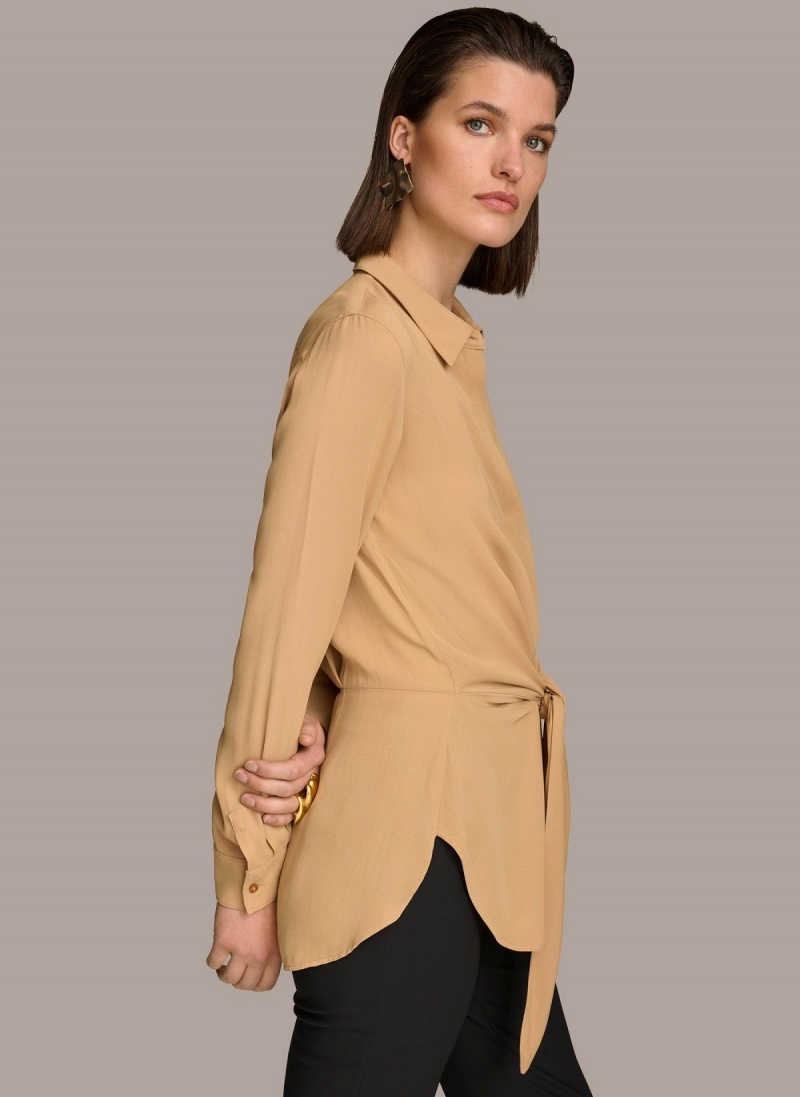 Donna Karan Long Sleeve High-low With Tie At Waist Sweaters and Tops Gold | AU_DK74274