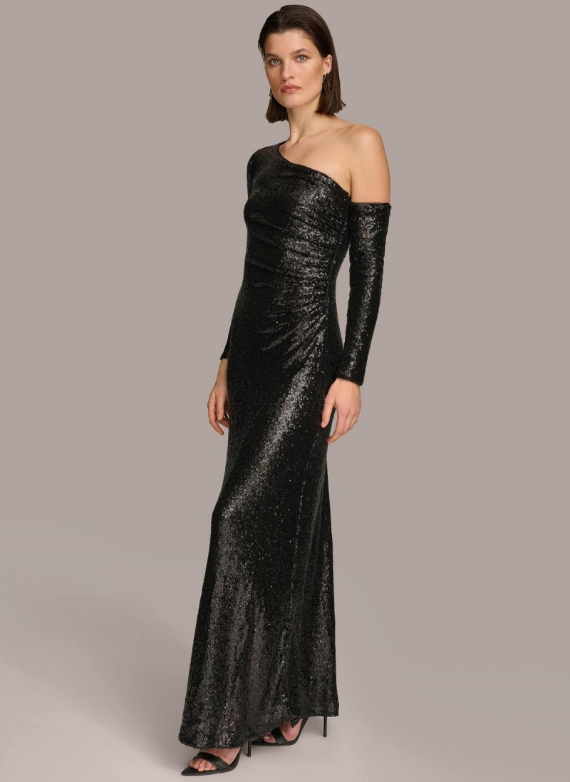 Donna Karan One Shoulder Sequin Dress Black | AU_DK16447