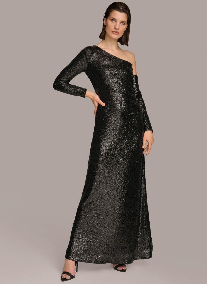 Donna Karan One Shoulder Sequin Dress Black | AU_DK16447