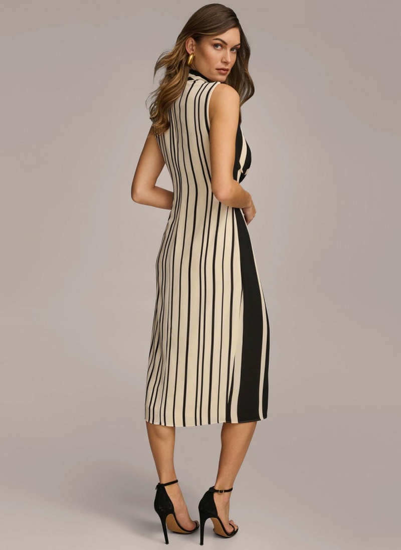 Donna Karan V Neck Striped Midi Dress Black | AU_DK38336