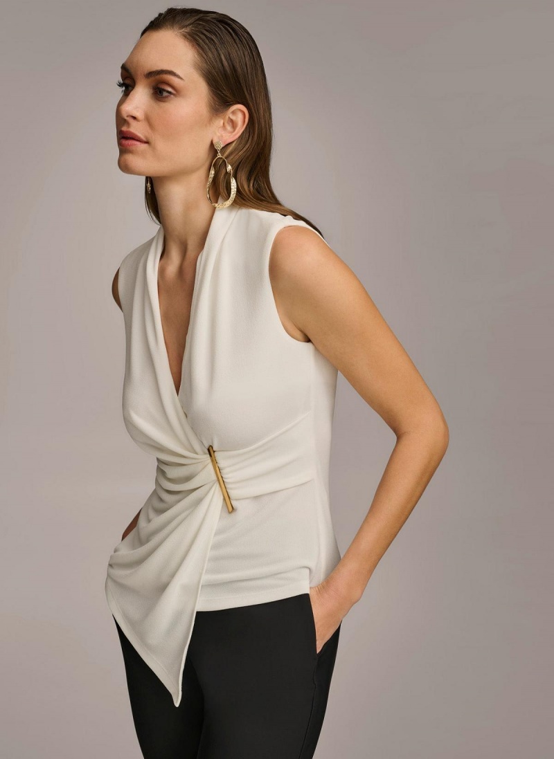 Donna Karan V-neck With Hardware And Ruched Detail Sweaters and Tops Cream | AU_DK23967